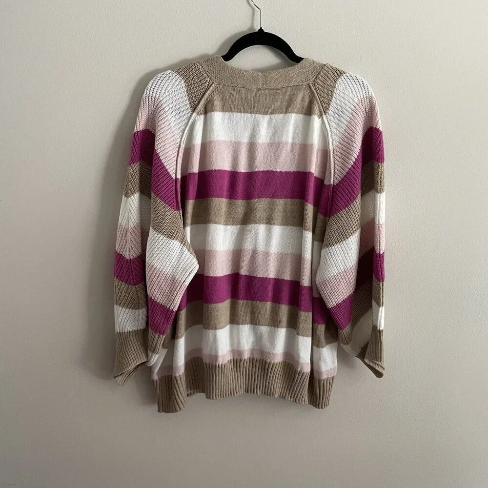 Lane Bryant Women 22/24 Stripe V-Neck 3/4 Balloon Sleeve Ribbed Cropped Cardigan